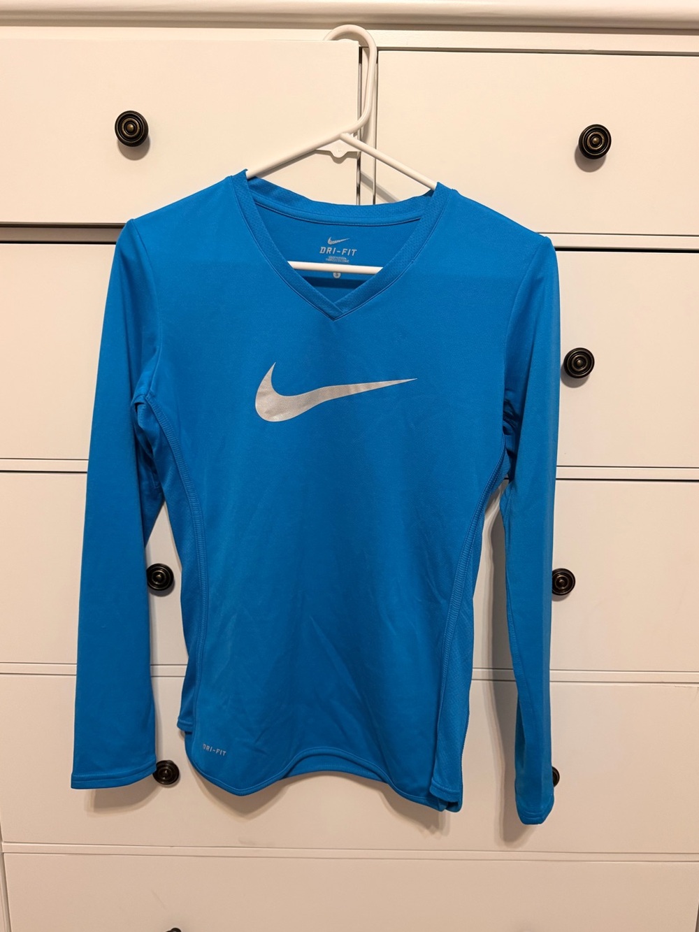 Nike Bright Blue Dri-FIT Long Sleeve V-Neck Top with Silver Swoosh